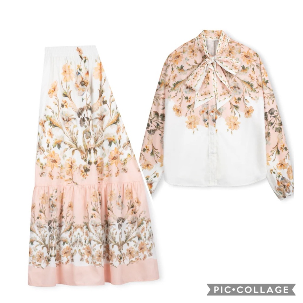 The Collective NY Tie Bow Blouse Skirt set in peach/white/gold floral